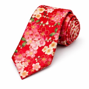 Red Sakura Tie – Japanese Flower Tie – Japanese Cherry Blossom Tie – Floral Women's Tie
