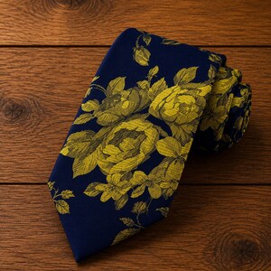 Pode incluir: Uma gravata com fundo azul-marinho escuro e um padrão repetitivo de rosas e folhas amarelas. O design floral é apresentado num estilo detalhado e gravado, cobrindo toda a superfície do tecido. A gravata está dobrada na extremidade.
