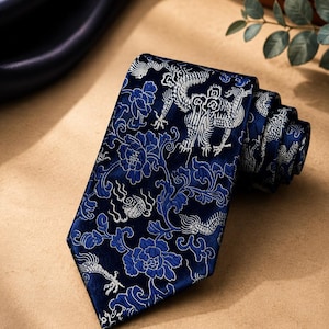 Unisex blauwe stropdas met drakenmotief – elegante vintage stijl – chique accessoire voor mannen en vrouwen – origineel cadeau