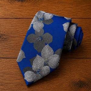 Op de afbeelding: Een stropdas met een levendige koningsblauwe achtergrond en een herhalend patroon van grote, getextureerde zilvergrijze bloemvormen. Elke bloem heeft een klein, opvallend hartje bestaande uit piepkleine gele stippen, wat contrasteert met de blauwe stof.
