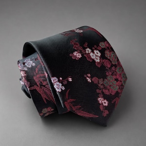 Cravatta di lusso nera e bordeaux con motivo a fiori di ciliegio per uomo e donna | Cravatta jacquard floreale giapponese | Elegante cravatta da matrimonio | Regalo per lui o per lei
