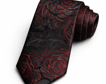 Cravate Noire Motif Rose Rouge - Black Red Rose Tie - Cravate  Élégante - Cravate mixte  Mariage - Wedding Tie