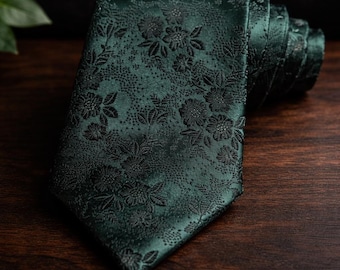 Dark Green Floral Tie – Elegant Tie – Unisex Wedding Tie
