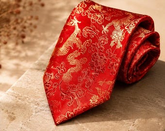 Gravata elegante em jacquard macio – motivo de dragão bordado – gravata de luxo para casamento – presente unissex
