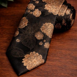 Black and Gold Floral Tie – Elegant Unisex Necktie – Wedding Tie