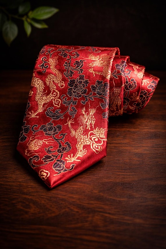 Cravate Rouge  Motif Dragon | Cravate Luxe Homme Femme | Cravate Chic Mariage | Accessoire Élégant Vintage