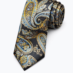 Blue Gold Jacquard Tie – Blue Gold Paisley Tie – Elegant Mixed Necktie – Wedding Tie