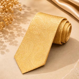 May include: A rolled-up, golden-yellow paisley tie. The tie is made of a shiny fabric and features a detailed, repeating pattern. The tie is angled on a light-coloured surface, with a soft, golden fabric in the background.