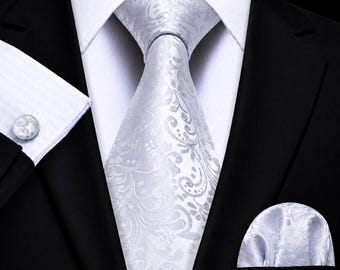 Men’s Silver Paisley Tie Set with Pocket Square Cufflinks – Elegant Luxury Style