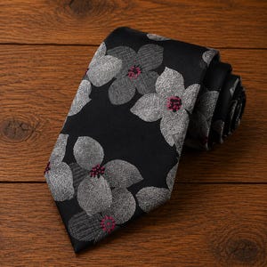 Op de afbeelding: Een zwarte stropdas met een herhalend patroon van grote, getextureerde zilvergrijze bloemen. Elke bloem heeft in het midden een kleine groep felroze stippen. De das is aan het uiteinde opgerold, waardoor de stoftextuur en het bloemmotief zichtbaar zijn.