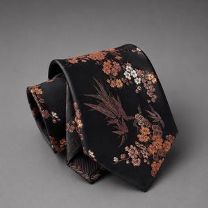 Svart & kopparfärgad Sakura blommig slips | Lyxig japansk jacquardslips | Unisex bröllopsslips | Elegant present till honom henne