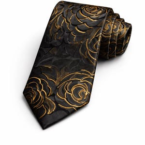 May include: A black tie with a gold floral pattern. The tie is rolled up, showcasing the intricate design. The floral pattern is a repeating motif, adding texture and visual interest to the formal accessory.