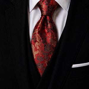 Pode incluir: Um close-up de um traje formal com uma gravata vermelha estampada com detalhes dourados e pretos. A gravata est&aacute; amarrada e colocada contra uma camisa branca com gola e um blazer preto. Um len&ccedil;o de bolso branco &eacute; vis&iacute;vel.