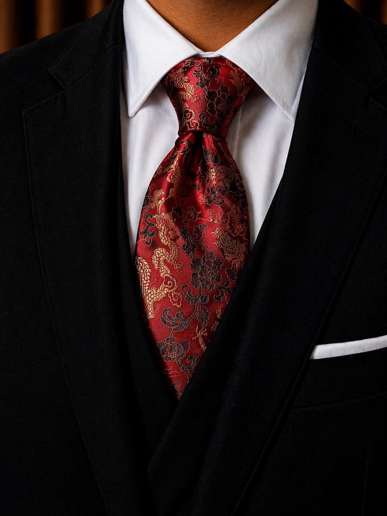 Pode incluir: Um close-up de um traje formal com uma gravata vermelha estampada com detalhes dourados e pretos. A gravata est&aacute; amarrada e colocada contra uma camisa branca com gola e um blazer preto. Um len&ccedil;o de bolso branco &eacute; vis&iacute;vel.