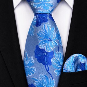 Unisex Blue Floral Embroidered Tie and Pocket Square Set – Men's Tie Set – Blue Floral Tie Pocket Square Set – Wedding Necktie