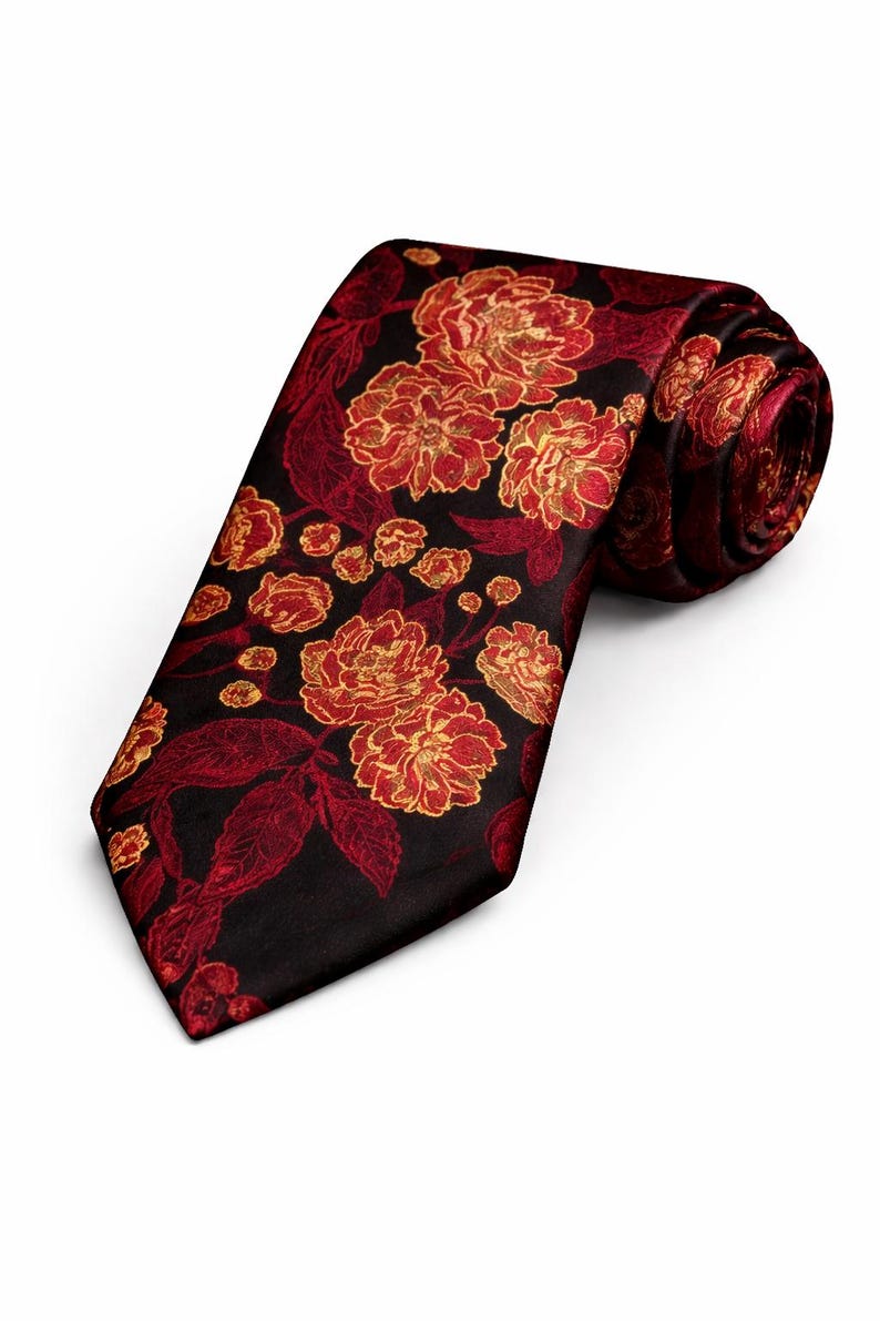 Black and Red Floral Tie – Luxury Tie – Elegant Wedding Tie image 2