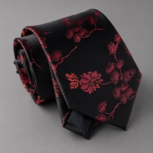 Black Red Maple Leaf Tie | Japanese Autumn Jacquard Necktie | Luxury Unisex Wedding Tie | Gift for Him Her