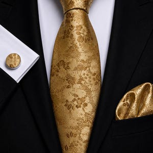 Set cravatta floreale dorata da uomo – Cravatta jacquard di lusso, fazzoletto da taschino e gemelli – Sposo, matrimonio ed eventi formali