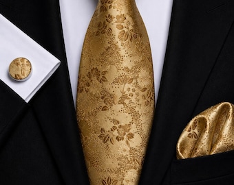 Gold Floral Tie Set for Men – Luxury Jacquard Necktie, Pocket Square  Cufflinks – Groom, Wedding & Formal Events