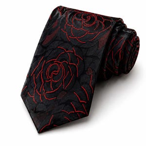 Schwarze Krawatte mit rotem Rosenmuster – Elegante Krawatte – Hochzeitskrawatte
