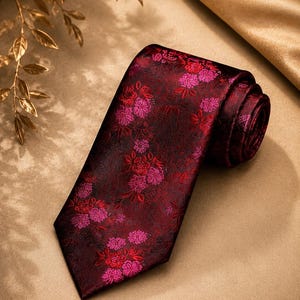 Svart slips med rött blommönster – Elegant slips – Svartröd blommig slips – Bröllopsslips – Slips
