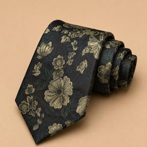 Skogsgrön blommig slips, champagnegul botanisk slips, elegant bröllopsslips, vintage blommig slips, brudgumspresent
