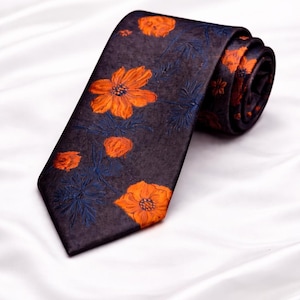 Cravate  marine motif floral orange – Cravate élégante moderne mixte