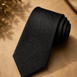 Schwarze Krawatte mit Paisley-Muster, 8 cm – Elegante schwarze Krawatte mit Blumenmuster – Accessoire für Hochzeiten/Abendveranstaltungen