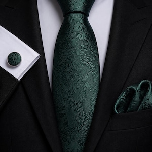 Set cravatta floreale verde smeraldo da uomo – Cravatta jacquard, fazzoletto da taschino e gemelli – Abbigliamento da cerimonia e da lavoro