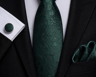Emerald Green Floral Tie Set for Men – Jacquard Necktie, Pocket Square Cufflinks – Wedding & Business Attire
