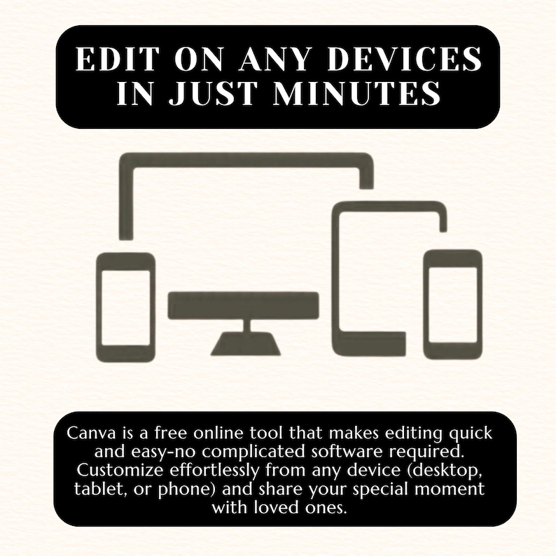 May include: An illustration showing a desktop computer, tablet, and two smartphones. The text reads "EDIT ON ANY DEVICES IN JUST MINUTES." Below, text describes Canva as a free online tool for quick and easy editing on any device.
