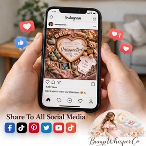 May include: A smartphone displays an Instagram post announcing a baby's arrival. The post includes a heart-shaped design with the word "BABY," the text "Unexpected October 2026," and a baby onesie. The image is surrounded by decorative elements and social media icons.