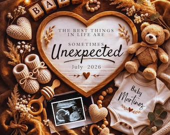 Unexpected Baby Announcement 2026 | Editable Canva Template | Gender Neutral Social Media | White Boho Heart Pregnancy Reveal