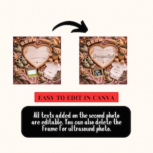 May include: A baby announcement design with a heart-shaped frame, teddy bear, baby shoes, and a onesie. The text reads "BABY" and "Unexpected October 2026". The design is easy to edit in Canva.