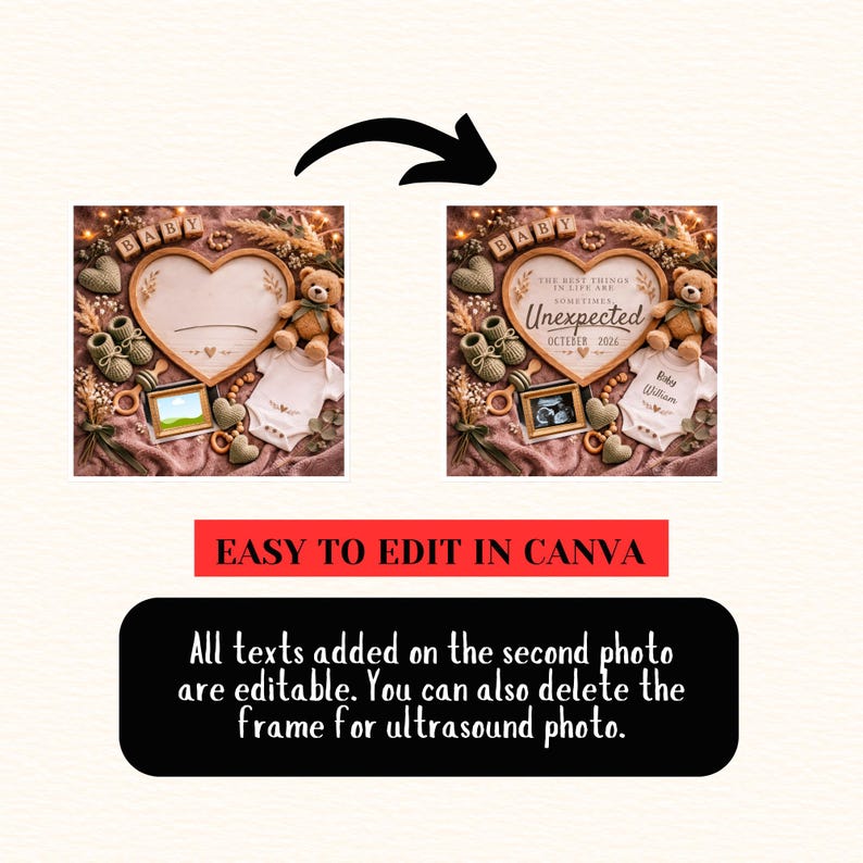 May include: A baby announcement design with a heart-shaped frame, teddy bear, baby shoes, and a onesie. The text reads "BABY" and "Unexpected October 2026". The design is easy to edit in Canva.