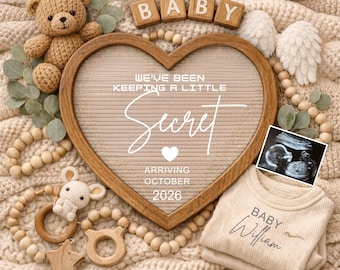 Plantilla de anuncio de embarazo de bebé de octubre de 2026, hemos estado guardando un secreto, revelación de bebé de Canva editable, descarga instantánea ¡Boho neutral!