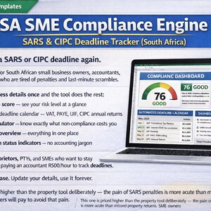 Può includere: Un laptop mostra un dashboard di conformità con un indicatore che mostra un punteggio di 76, etichettato come "Buono". Il testo recita "SA SME Compliance Engine" e "SARS & CIPC Deadline Tracker (Sudafrica)." Lo schermo mostra un calendario e dati finanziari.