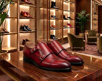 Men's Red Double Monk Strap Shoes, Handmade Leather Dress Shoes for Wedding & Formal Wear