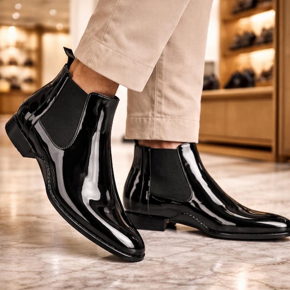 Men's Black Patent Chelsea Boots Handmade Designer Leather Ankle Boots
