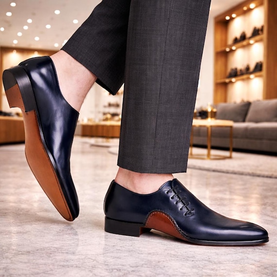 Men's Lace up Navy Blue Dress Shoes - Handmade Leather Business Formal Shoes