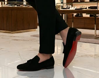 Stylish Black Suede Slip-on Tassel Loafers - Handmade Luxury Fashion Party Shoes for Women & Men
