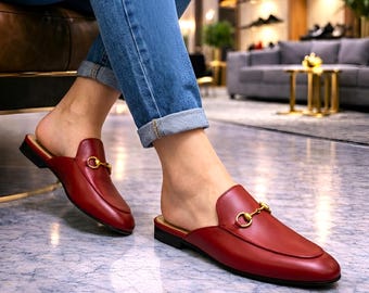 Women’s Red Horsebit Mules, Slip-on Leather Loafers for Women, Comfortable Walking Shoes