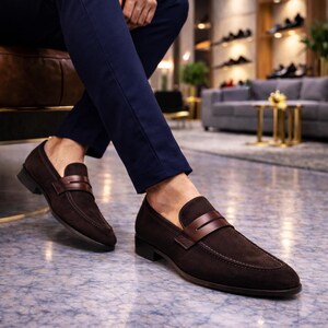 Brązowe mokasyny zamszowe męskie Penny Loafers – ręcznie robione skórzane wsuwane buty wizytowe zdjęcie 2