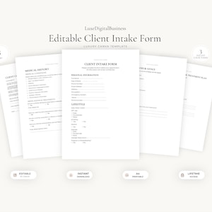 Puede incluir: Un conjunto de cinco páginas blancas que presentan una plantilla de formulario de admisión de clientes editable con texto negro. El documento incluye secciones para información personal, historial médico, estilo de vida y planes de tratamiento.