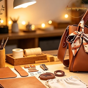 K&ouml;nnte beinhalten: Eine hellbraune Ledertasche mit einem gemusterten Seidenschal am Griff, begleitet von verschiedenen Lederhandwerksteilen wie Riemen, kleinen rechteckigen St&uuml;cken, Metallbeschl&auml;gen, einer Spule mit wei&szlig;em Garn und einem wei&szlig;en Beutel.