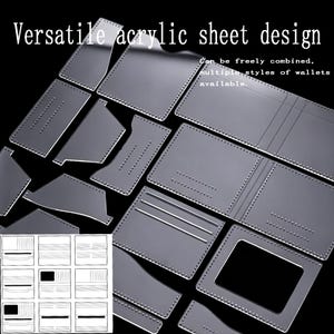Può includere: Un set di sagome in acrilico trasparente per la lavorazione della pelle, con varie forme e fori di cucitura preforati. Il testo recita: Versatile acrylic sheet design. Can be freely combined, multiple styles of wallets available.