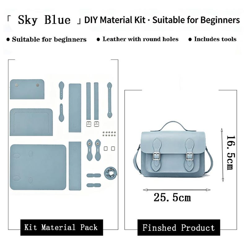 K&ouml;nnte beinhalten: Ein himmelblaues DIY-Materialset f&uuml;r eine Umh&auml;ngetasche, bestehend aus vorgestanzten Lederteilen mit runden L&ouml;chern, Metallschnallen und Werkzeugen. Das fertige Produkt ist 25,5 cm breit und 16,5 cm hoch. Text: Sky Blue DIY Material Kit.