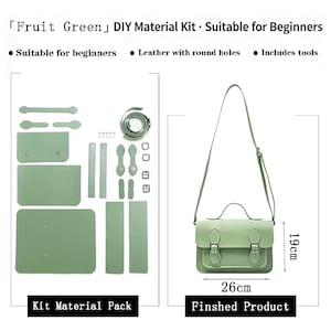 K&ouml;nnte beinhalten: Ein Fruit Green DIY-Materialset mit vorgestanzten Lederteilen mit runden L&ouml;chern, Metallschnallen und Riemen. Das Set enth&auml;lt Komponenten zum Zusammenbau einer Umh&auml;ngetasche mit 26 cm Breite und 19 cm H&ouml;he. Der Text umfasst Fruit Green DIY Material Kit, Suitable for Beginners, Leather with round holes, Includes tools, Kit Material Pack und Finished Product.