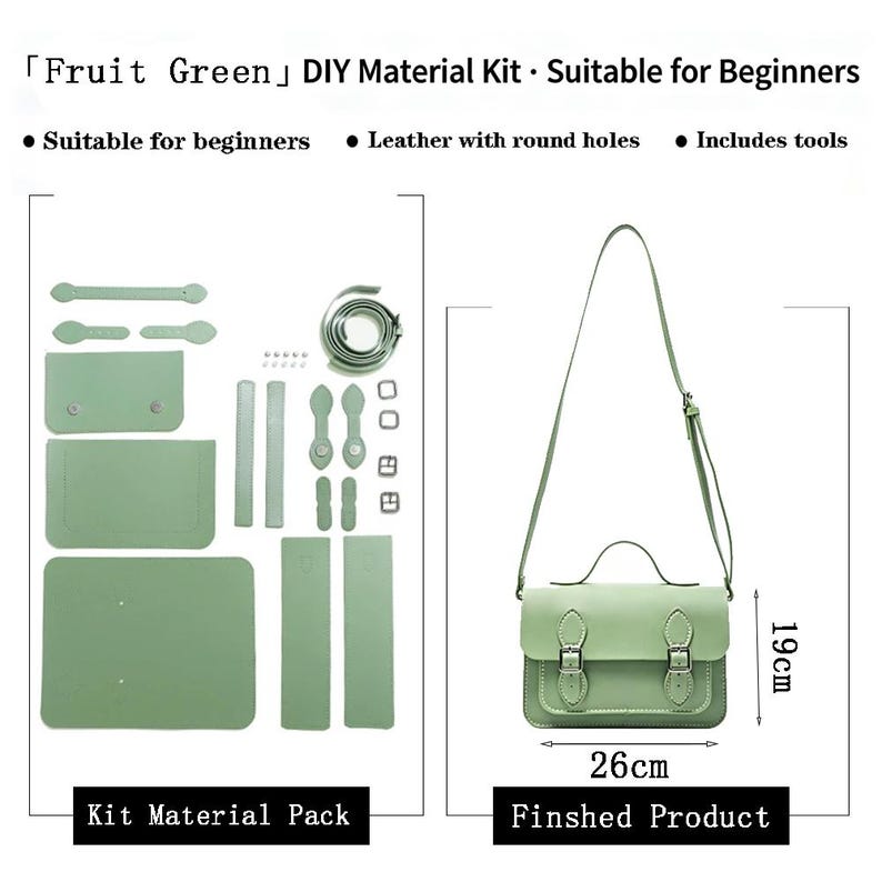 K&ouml;nnte beinhalten: Ein Fruit Green DIY-Materialset mit vorgestanzten Lederteilen mit runden L&ouml;chern, Metallschnallen und Riemen. Das Set enth&auml;lt Komponenten zum Zusammenbau einer Umh&auml;ngetasche mit 26 cm Breite und 19 cm H&ouml;he. Der Text umfasst Fruit Green DIY Material Kit, Suitable for Beginners, Leather with round holes, Includes tools, Kit Material Pack und Finished Product.