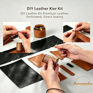 K&ouml;nnte beinhalten: Ein DIY-Leder-Set mit vorgeschnittenen schwarzen und braunen Lederteilen, einer Spule mit beigem Garn und einer Nadel. Der Text lautet: DIY Leather Kier Kit, DIY Leather Kit Premium Leather, Perforated, Direct Sewing.